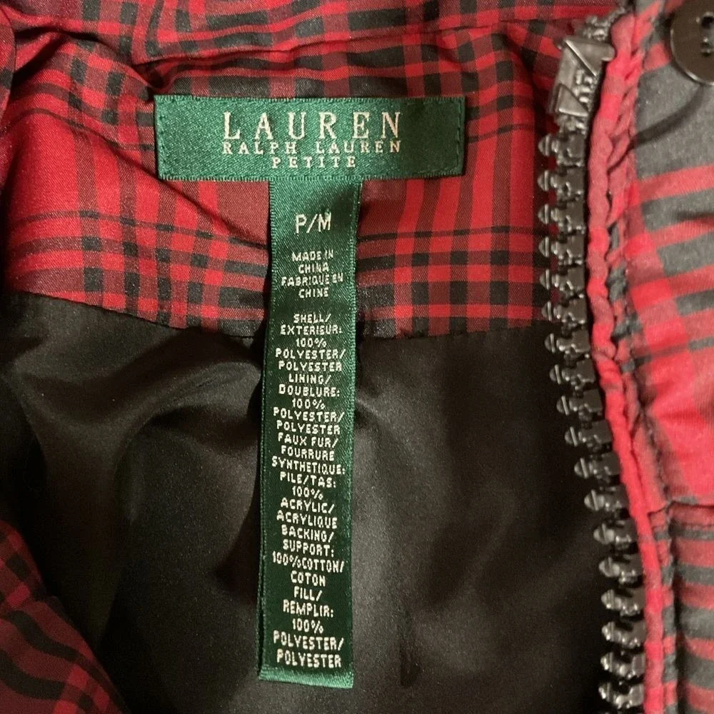 Lauren Ralph Lauren Women's Buffalo Plaid Zip Up Puffer Vest Black Red Size P/M‎